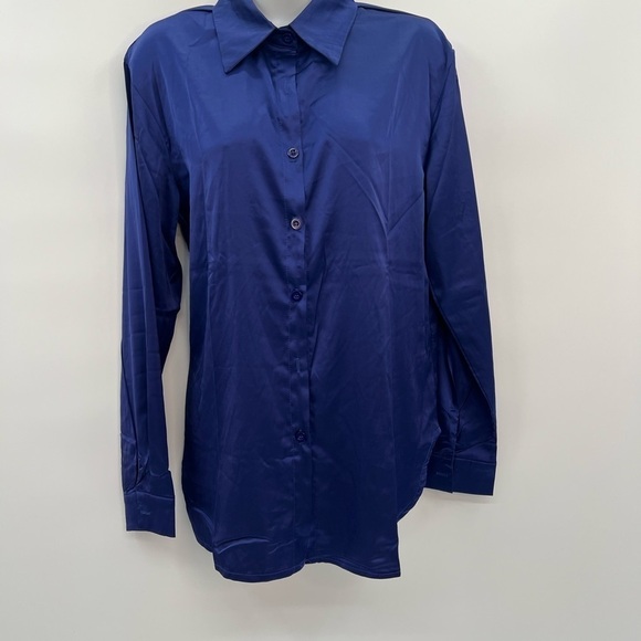 Blue Satin Shirt for Women – Lapel Collar V-Neck Buttoned Long Sleeve Tunic Top - Picture 2 of 4